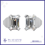 A pair of platinum stud earrings with emerald-cut clear gemstones, shown from the side on a white background with the brand name PLATIZEM at the bottom.