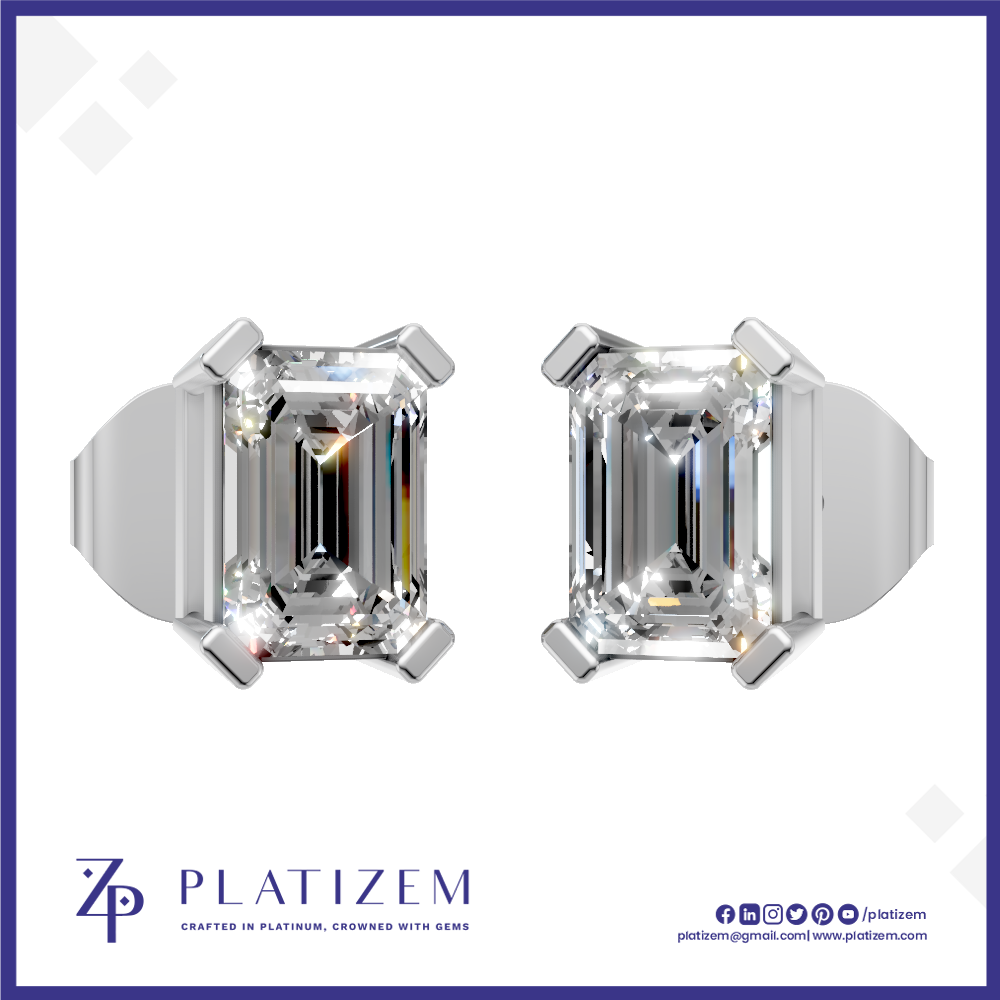 A pair of platinum stud earrings with emerald-cut clear gemstones, shown from the side on a white background with the brand name PLATIZEM at the bottom.