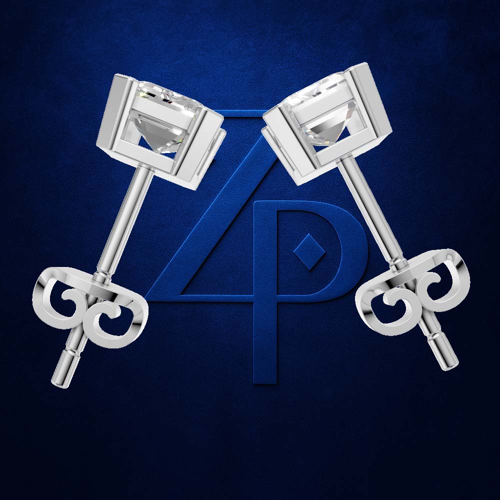 A pair of silver-toned stud earrings with square-cut clear stones and decorative curved backings, displayed on a dark blue textured background with a large blue monogram logo behind them.