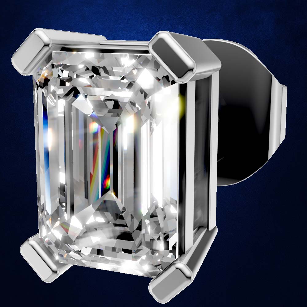 An emerald-cut diamond ring set in a polished silver-toned metal prong setting, shown against a dark blue gradient background.