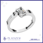 A platinum solitaire ring featuring an emerald-cut diamond in a prong setting, presented on a white background with a blue border and the brand name 'PLATIZEM' at the bottom.