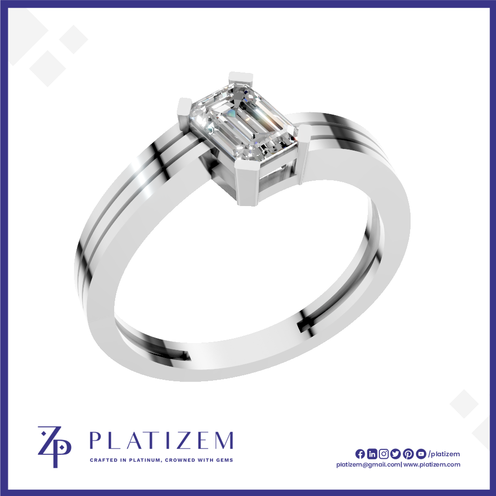A platinum solitaire ring featuring an emerald-cut diamond in a prong setting, presented on a white background with a blue border and the brand name 'PLATIZEM' at the bottom.