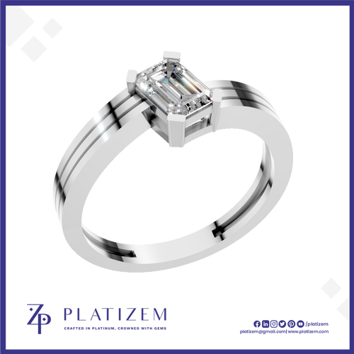 A platinum solitaire ring featuring an emerald-cut diamond in a prong setting, presented on a white background with a blue border and the brand name 'PLATIZEM' at the bottom.