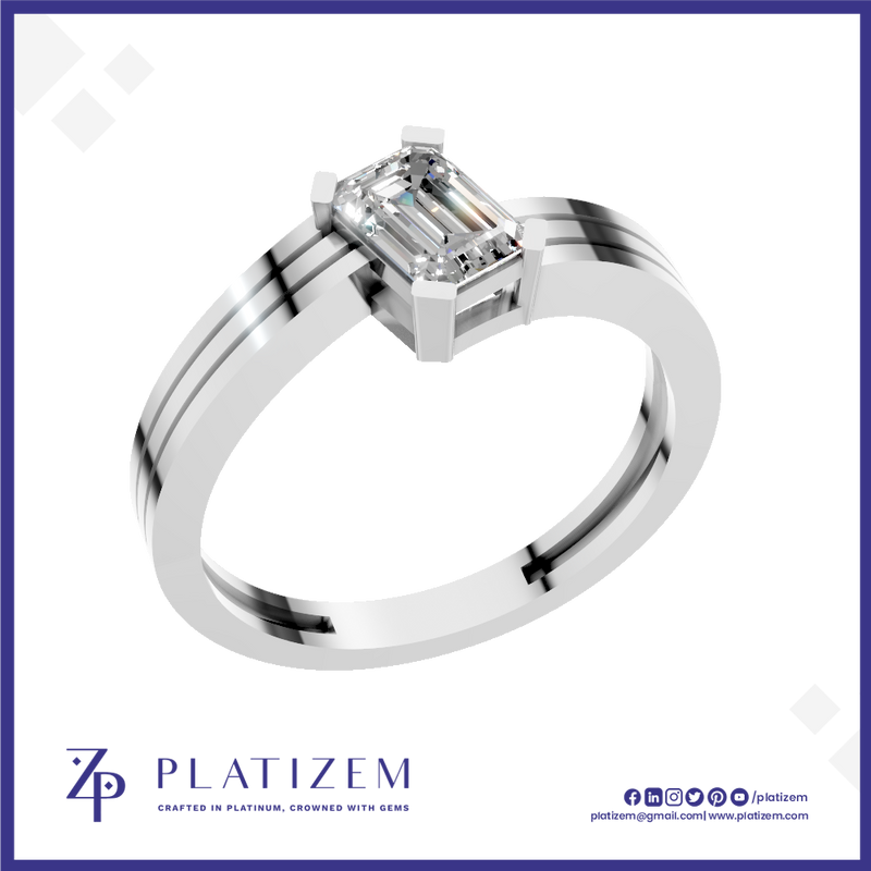 A platinum solitaire ring featuring an emerald-cut diamond in a prong setting, presented on a white background with a blue border and the brand name 'PLATIZEM' at the bottom.