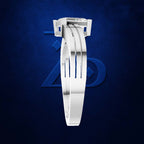 A polished silver-toned metal watch band or bracelet with a rectangular buckle and three parallel inner bands, shown centered against a dark blue textured background with a faint geometric logo.