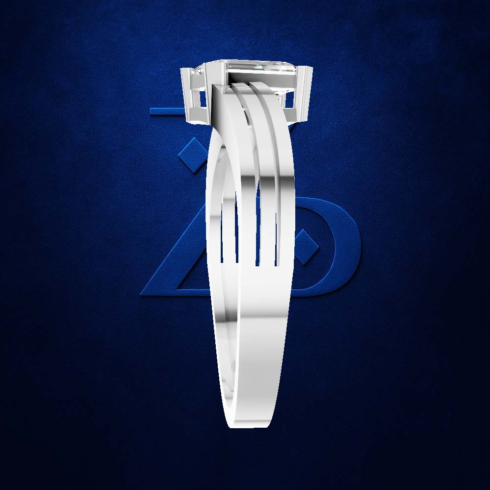 A polished silver-toned metal watch band or bracelet with a rectangular buckle and three parallel inner bands, shown centered against a dark blue textured background with a faint geometric logo.