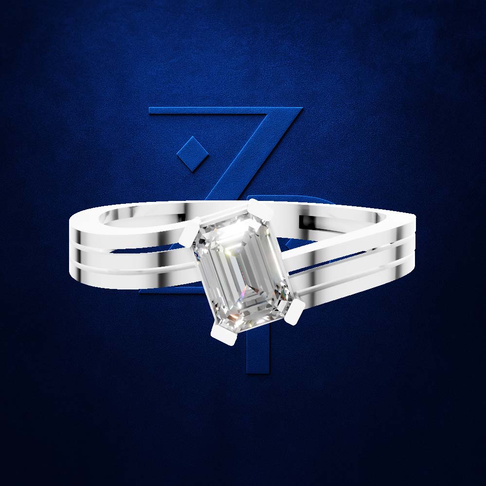 An emerald-cut diamond ring on a polished silver-toned multi-band ring, set against a dark textured blue background with a stylized blue number 7 graphic.