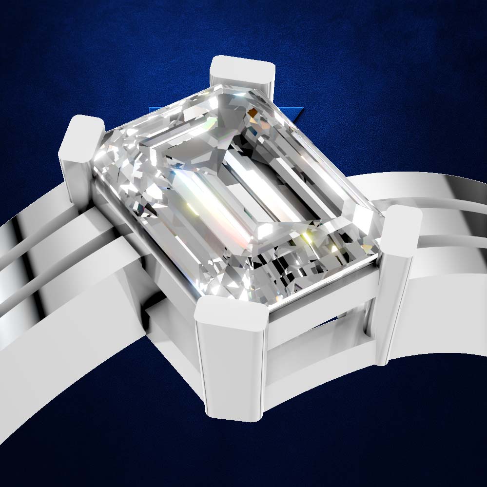 A close-up of a white metal watch band with a large rectangular emerald-cut clear gemstone, shown against a dark blue background.