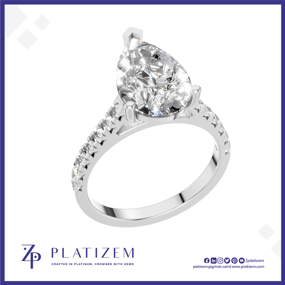 A pear-cut diamond solitaire ring in a silver-colored setting, shown on a white background with a blue border and the Platizem brand logo at the bottom.