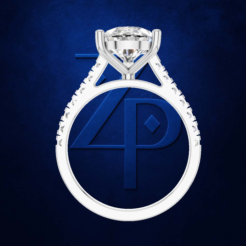A white gold or platinum engagement ring featuring a round-cut diamond solitaire and pavé-set accent diamonds along the shoulders, centered against a textured dark blue background with a blue '4P' monogram logo.