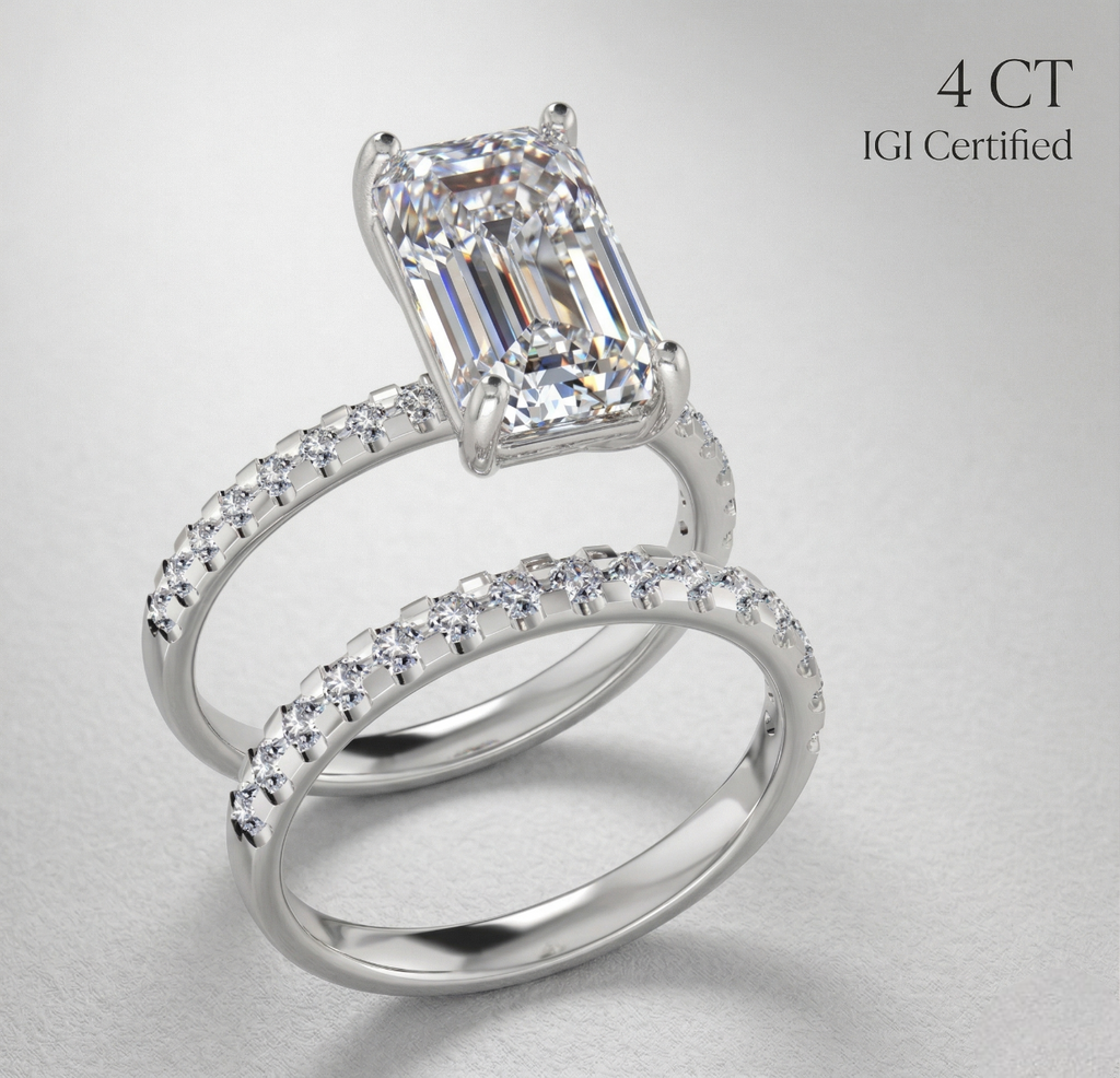 Platinum 950 Emerald Cut Engagement Ring Set