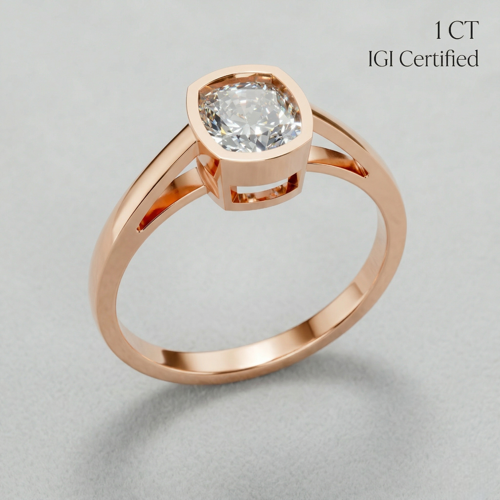 Cushion Cut Bezel Set Engagement Ring Gold, Silver and Platinum Diamond Luxury