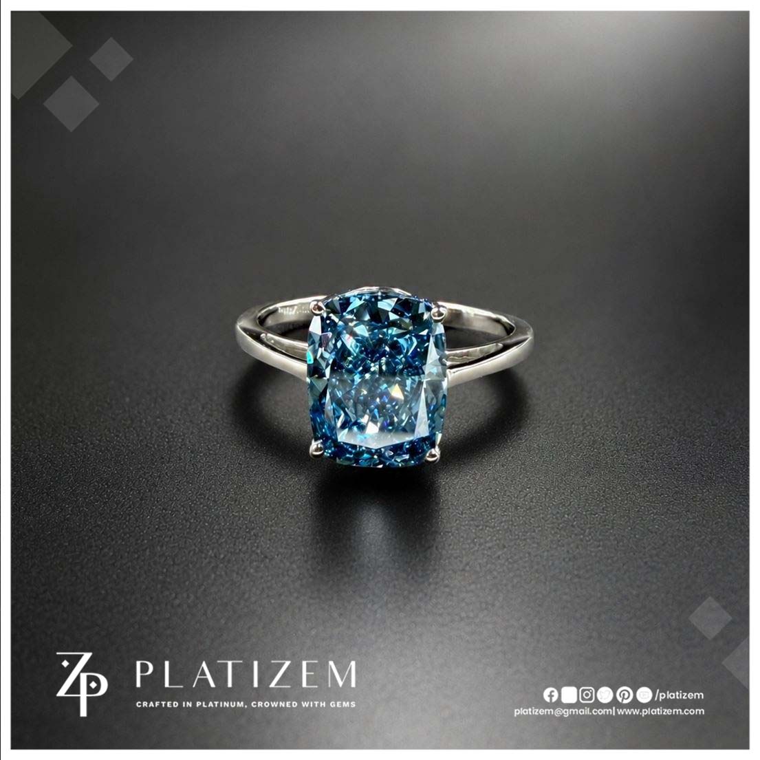 3 Carat Fancy Blue Elongated Cushion Cut Diamond Engagement Ring