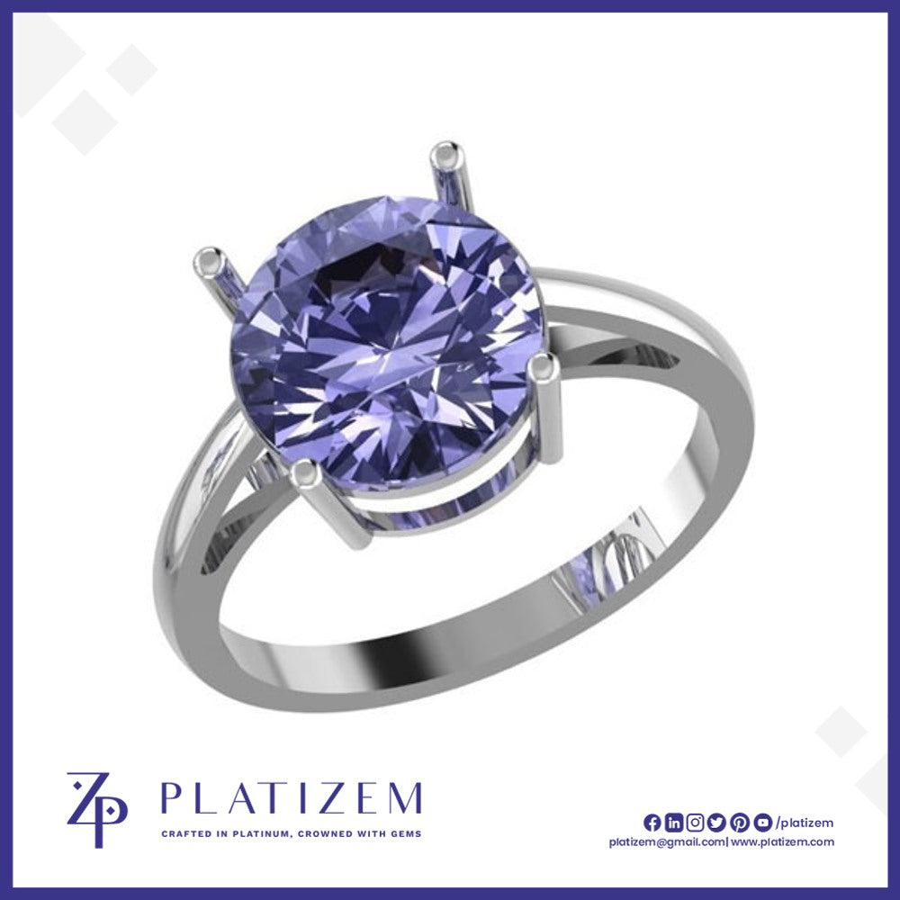 Round Cut Purple Gemstone Solitaire Ring Held by Four Claw Prong Tips