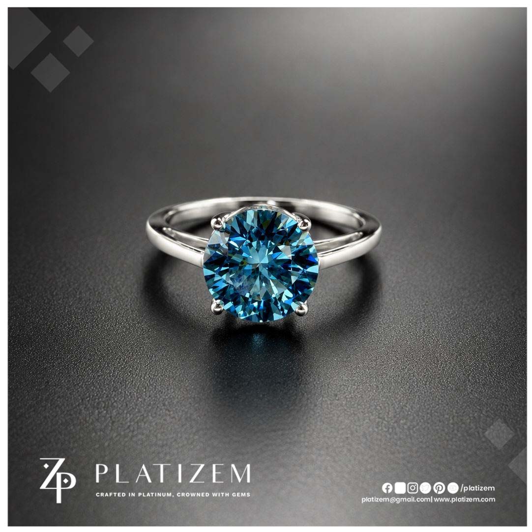 Fancy Blue Round Cut Lab Grown Diamond Engagement Ring