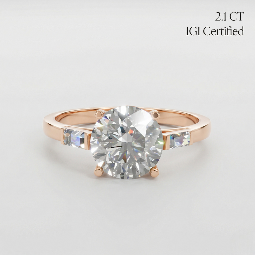 3 Stone Round Laboratory Grown Diamond Engagement Ring Baguette Side Stones 18K Gold Luxury Wedding Jewelry