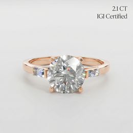 3 Stone Round Lab Grown Diamond Engagement Ring Baguette Side Stones 18K Gold Luxury Wedding Jewelry
