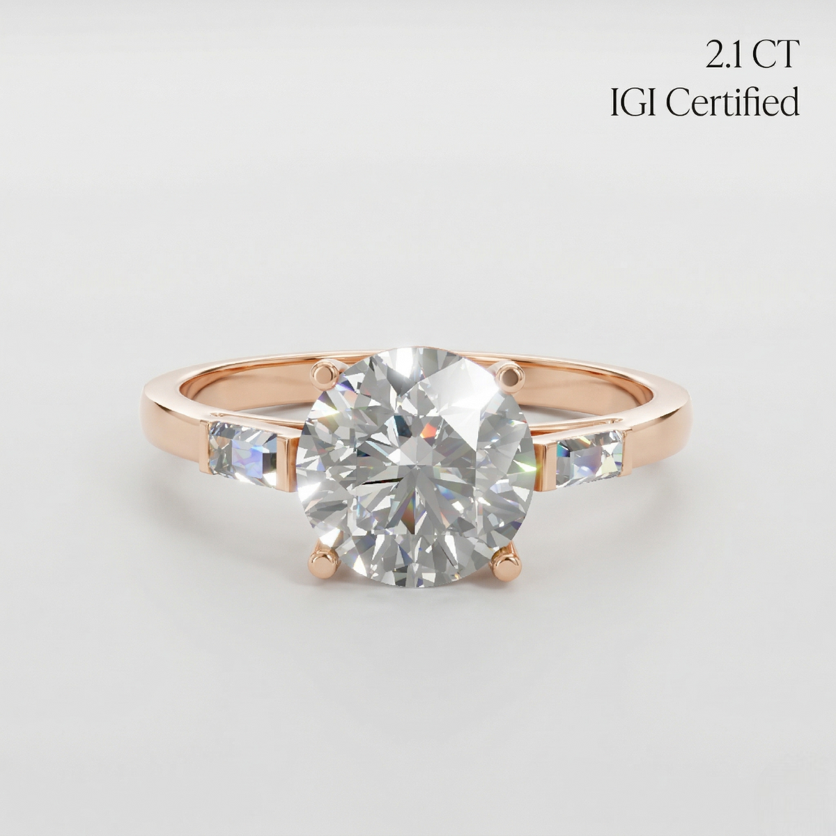 3 Stone Round Laboratory Grown Diamond Engagement Ring Baguette Side Stones 18K Gold Luxury Wedding Jewelry