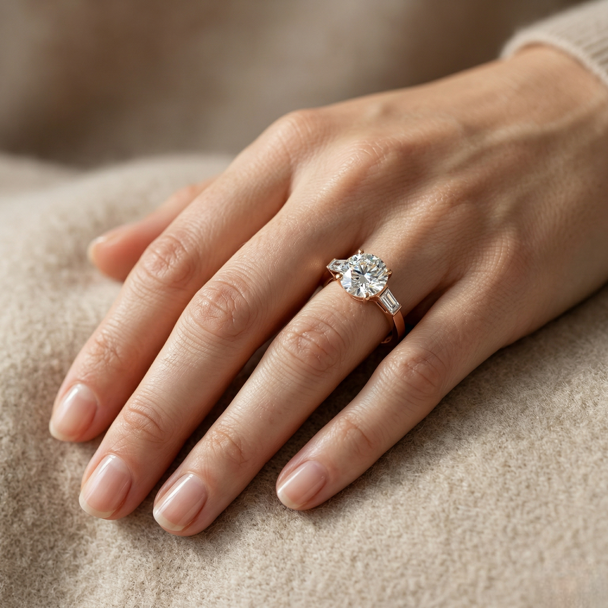 3 Stone Round Laboratory Grown Diamond Engagement Ring Baguette Side Stones 18K Gold Luxury Wedding Jewelry