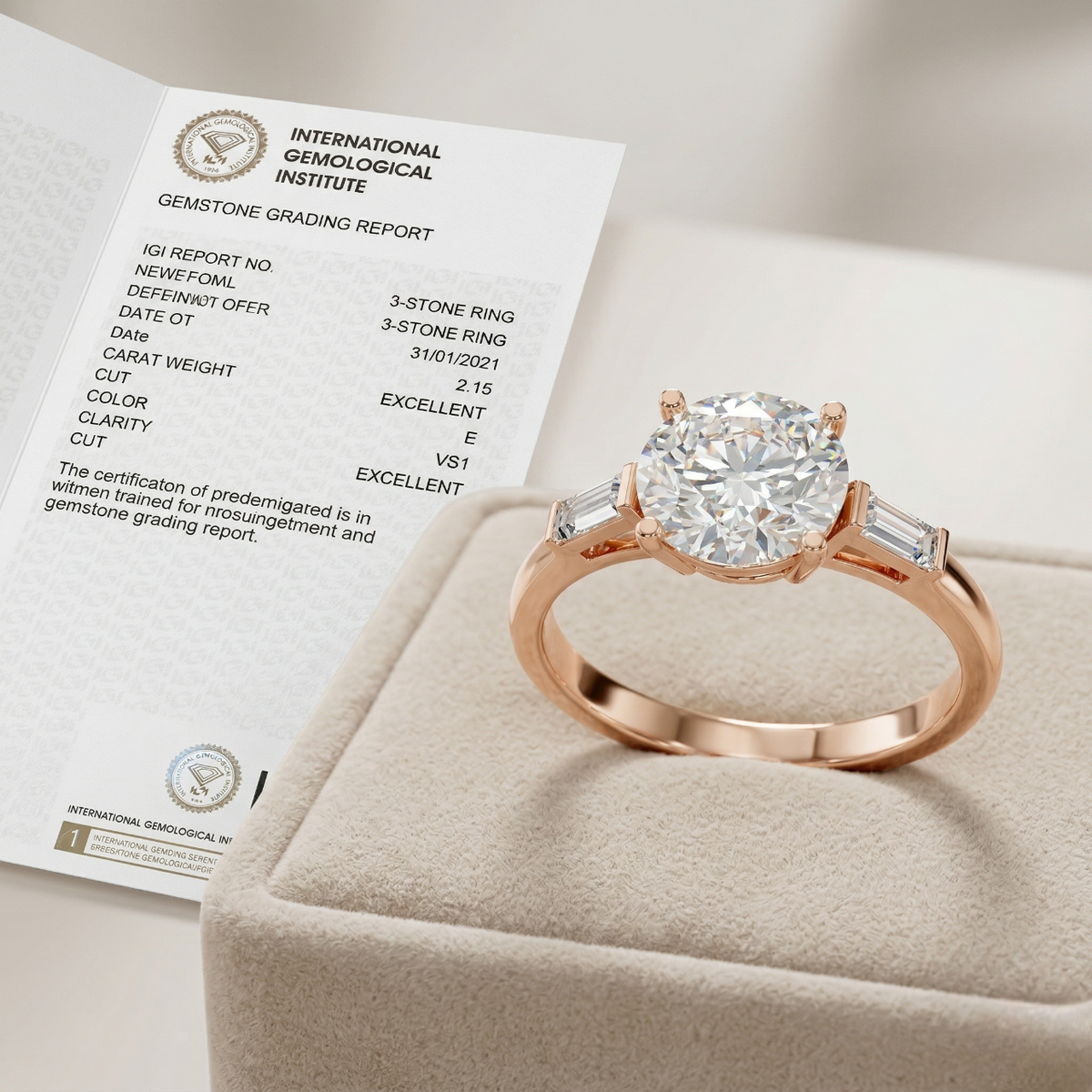 3 Stone Round Laboratory Grown Diamond Engagement Ring Baguette Side Stones 18K Gold Luxury Wedding Jewelry
