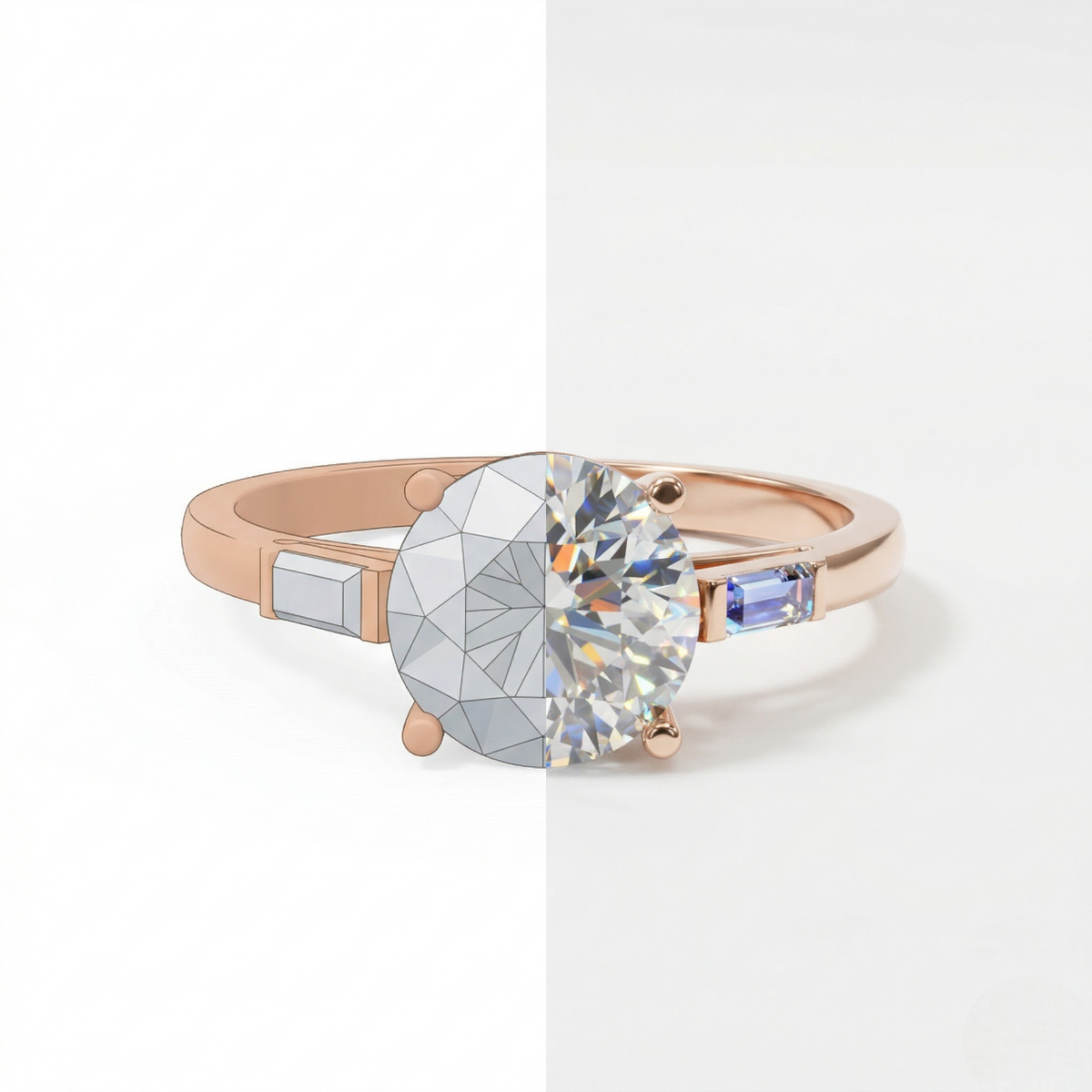 3 Stone Round Laboratory Grown Diamond Engagement Ring Baguette Side Stones 18K Gold Luxury Wedding Jewelry