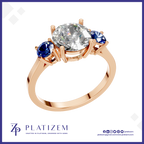 Blue Sapphire and Laboratory Grown Diamond Three Stone Ring Gold Luxury Engagement Wedding Jewelry Style