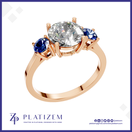 Blue Sapphire and Lab Grown Diamond Three Stone Ring Gold Luxury Engagement Wedding Jewelry Style