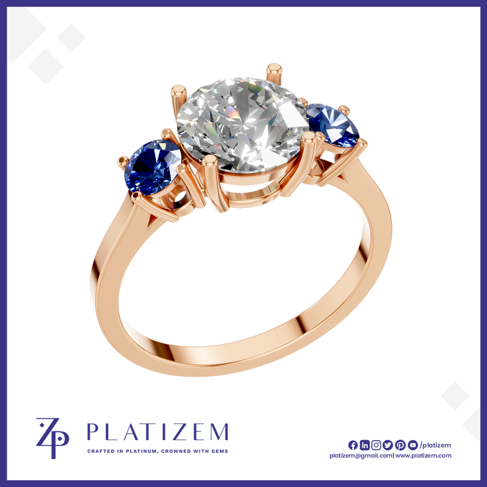 Blue Sapphire and Laboratory Grown Diamond Three Stone Ring Gold Luxury Engagement Wedding Jewelry Style