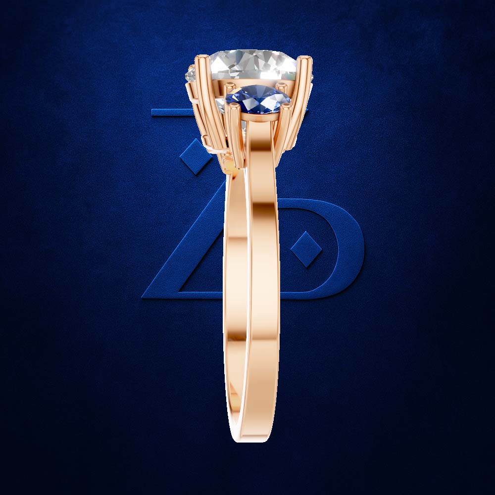 Blue Sapphire and Laboratory Grown Diamond Three Stone Ring Gold Luxury Engagement Wedding Jewelry Style