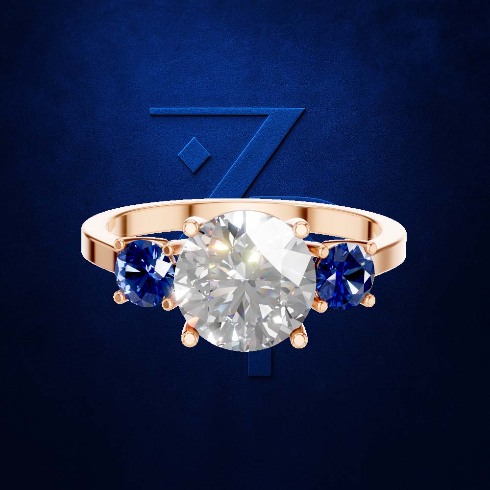 Blue Sapphire and Laboratory Grown Diamond Three Stone Ring Gold Luxury Engagement Wedding Jewelry Style