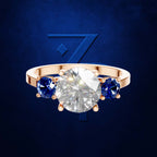 Blue Sapphire and Laboratory Grown Diamond Three Stone Ring Gold Luxury Engagement Wedding Jewelry Style