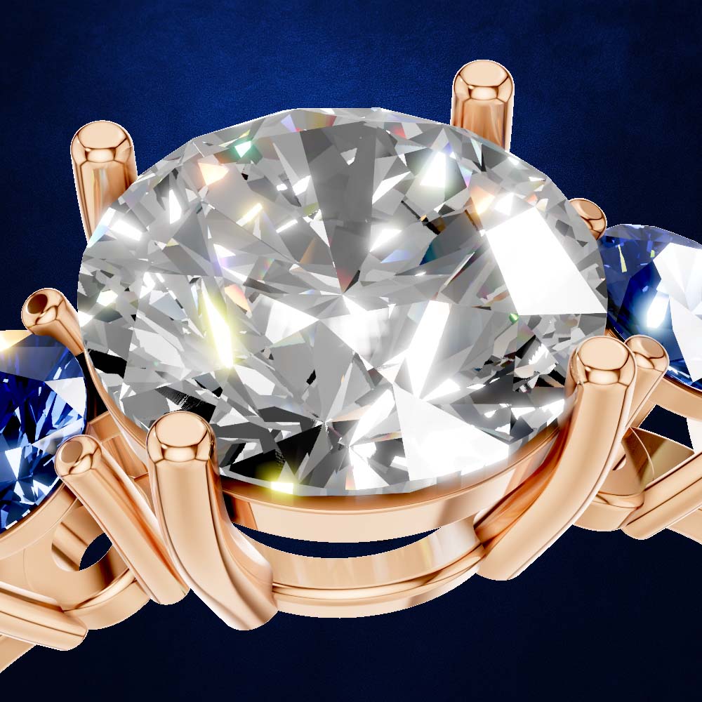 Blue Sapphire and Laboratory Grown Diamond Three Stone Ring Gold Luxury Engagement Wedding Jewelry Style