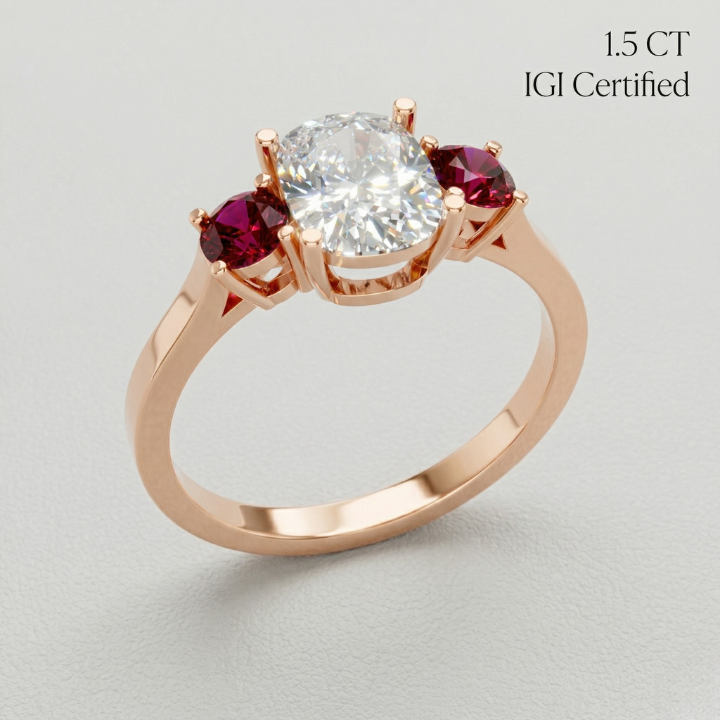 Ruby and Laboratory Created Diamond Three Stone Engagement Ring 18K Gold Luxury Ring