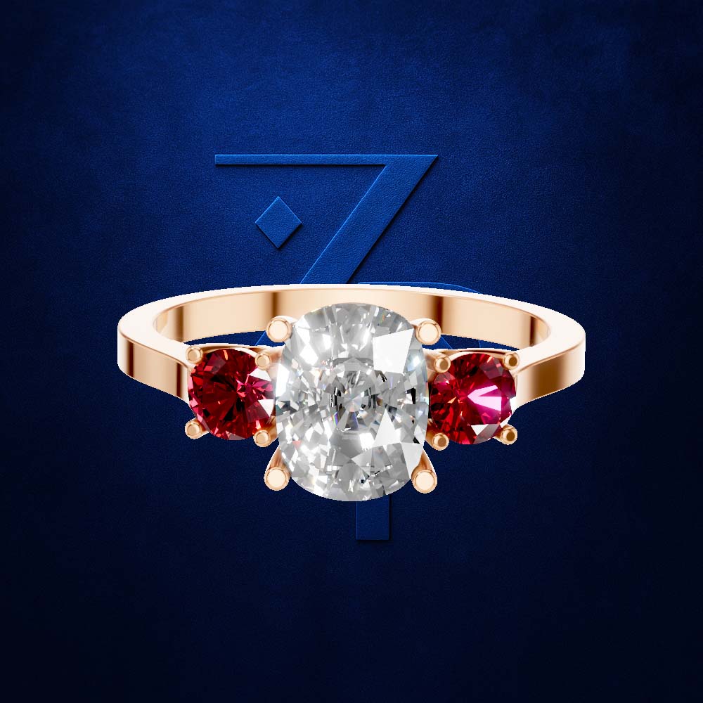 Ruby and Laboratory Created Diamond Three Stone Engagement Ring 18K Gold Luxury Ring