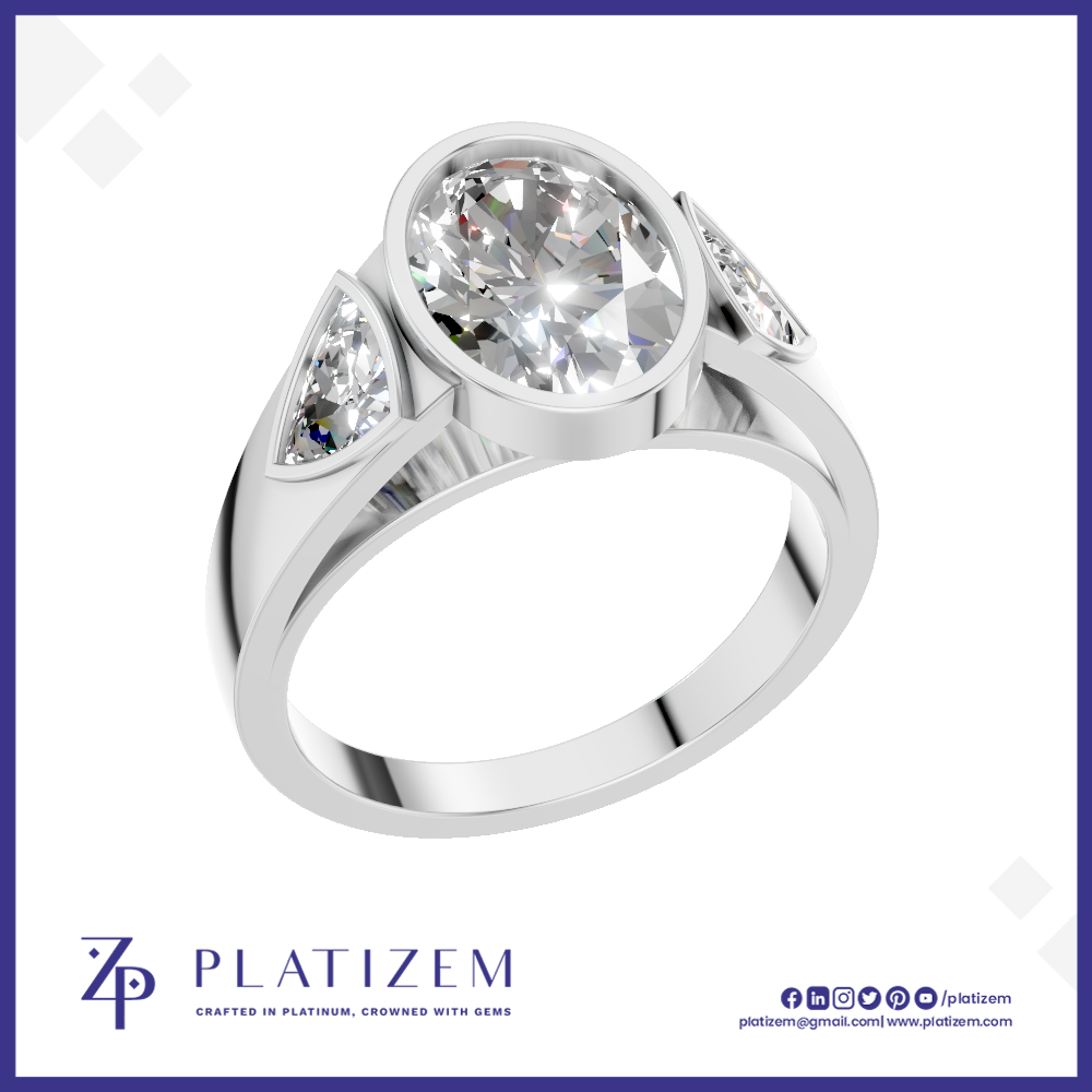Oval Cut Bezel Setting Three Stone Lab Grown Diamond Engagement Ring