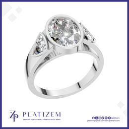 Oval Cut Bezel Setting Three Stone Lab Grown Diamond Engagement Ring