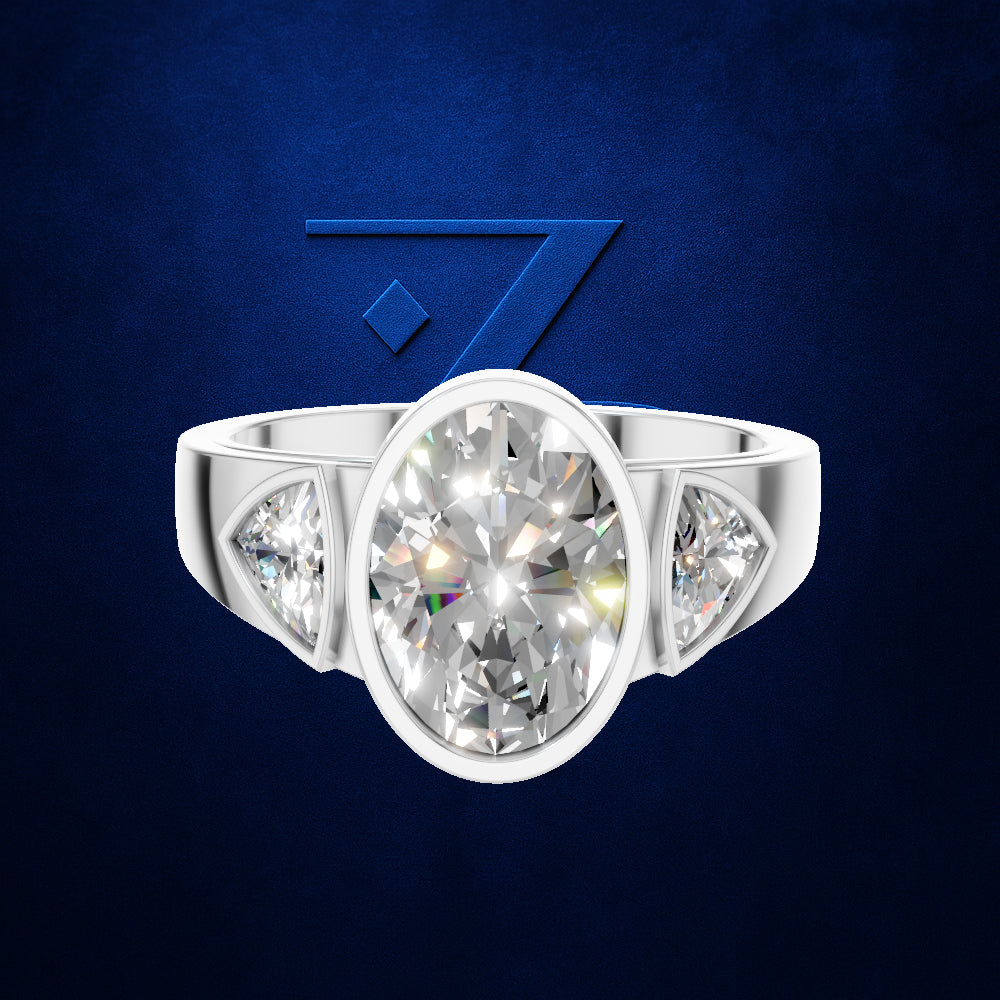 Oval Cut Bezel Setting Three Stone Lab Grown Diamond Engagement Ring