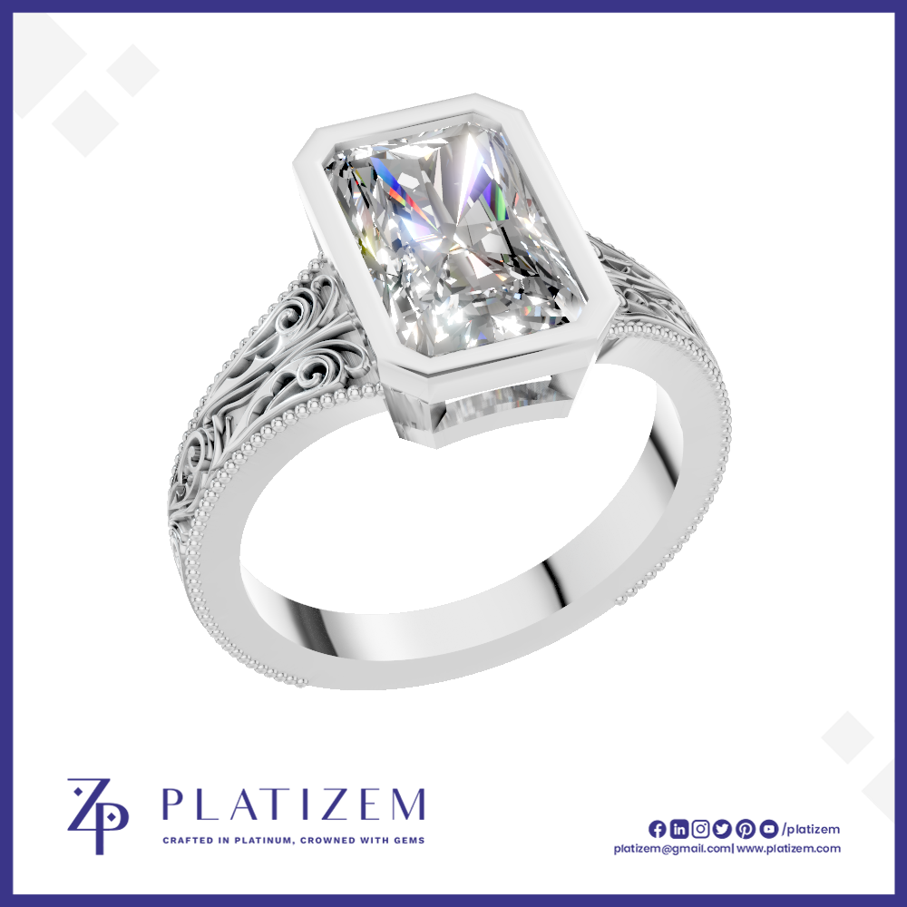 Radiant Diamond Bezel Ring for Women with Vintage Filigree Detailing