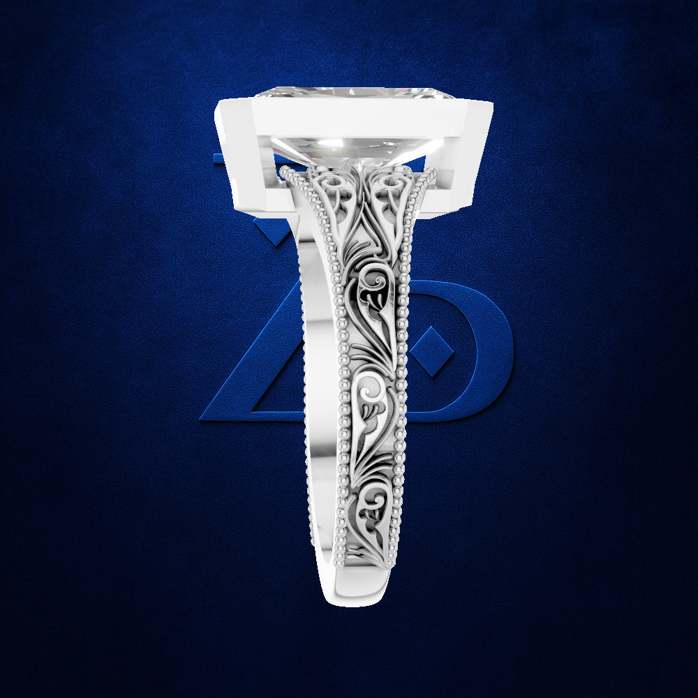 Radiant Diamond Bezel Ring for Women with Vintage Filigree Detailing