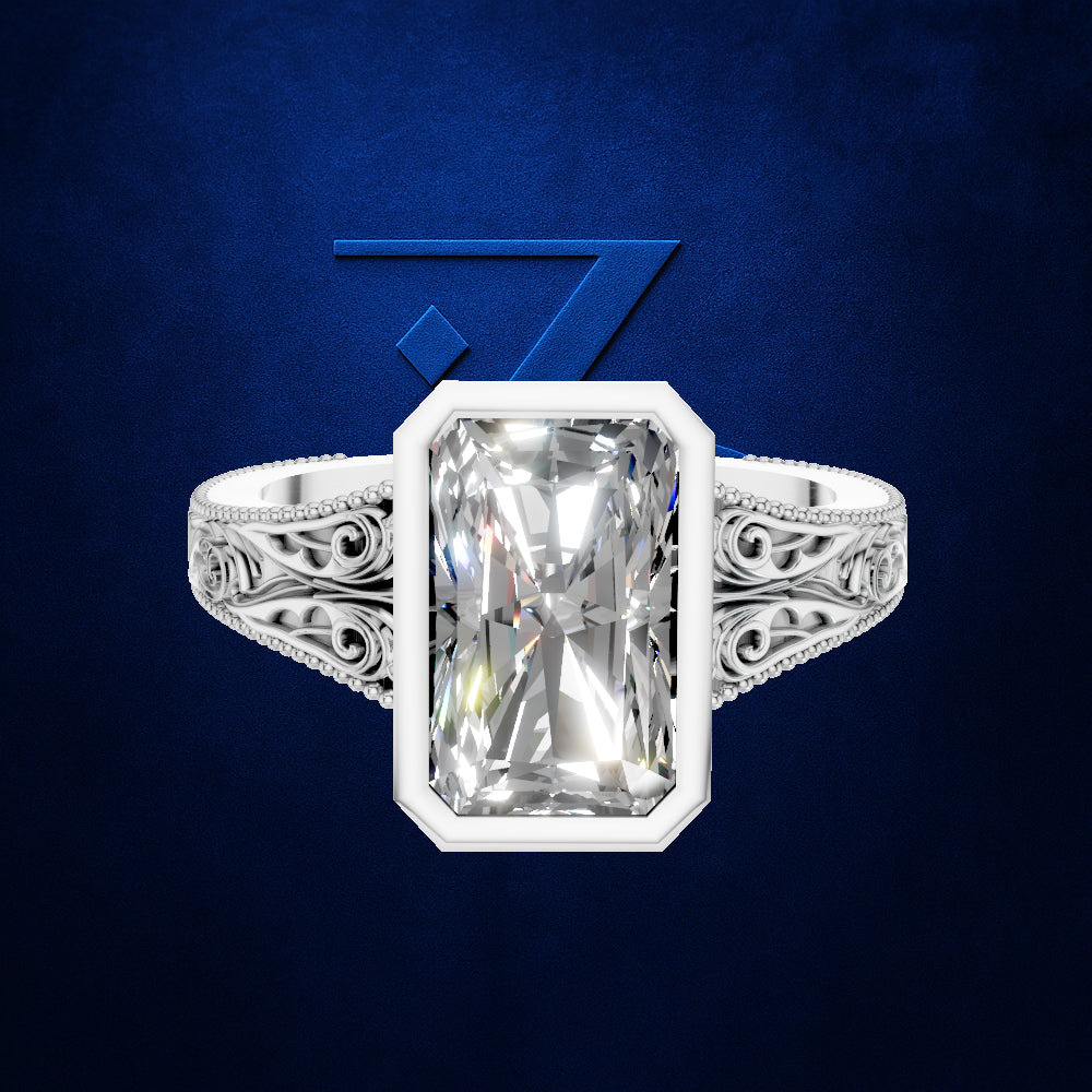 Radiant Diamond Bezel Ring for Women with Vintage Filigree Detailing