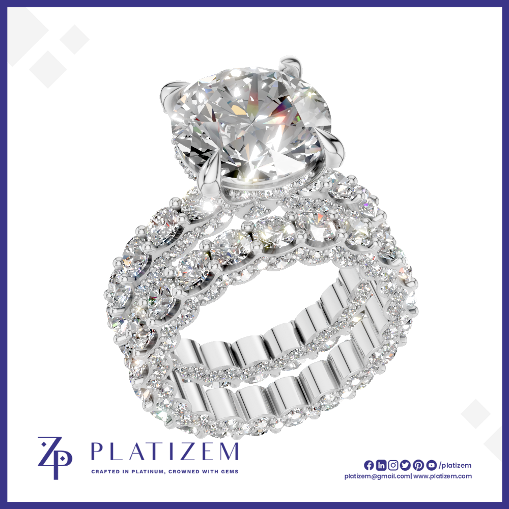 Round Diamond Bridal Ring Set for Women with Eternity Accent Bands