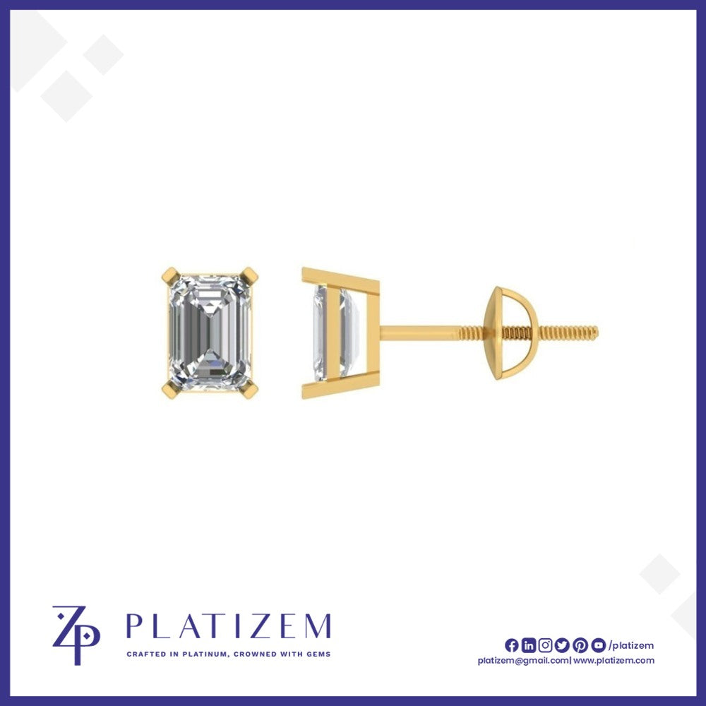 Emerald Cut Diamond Stud Earrings Held by Four Corner Prong Setting