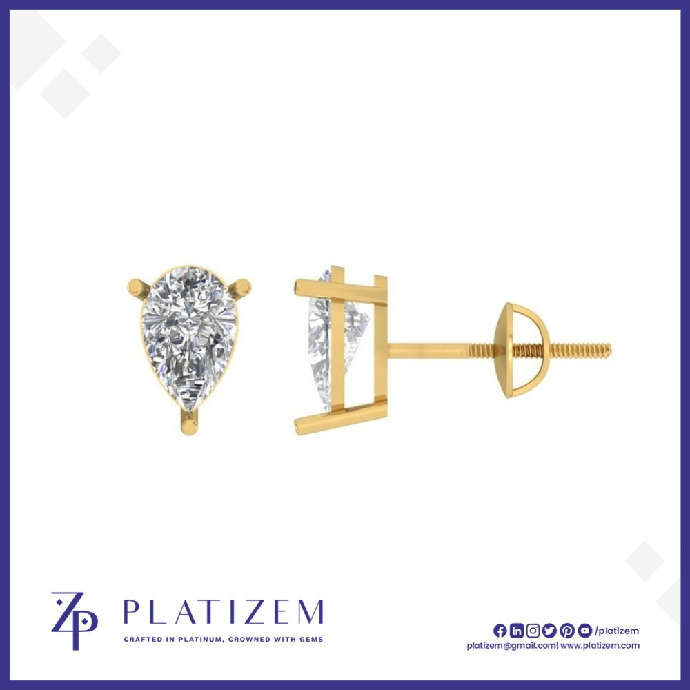 Pear Shape Diamond Stud Earrings Set on Three Prongs