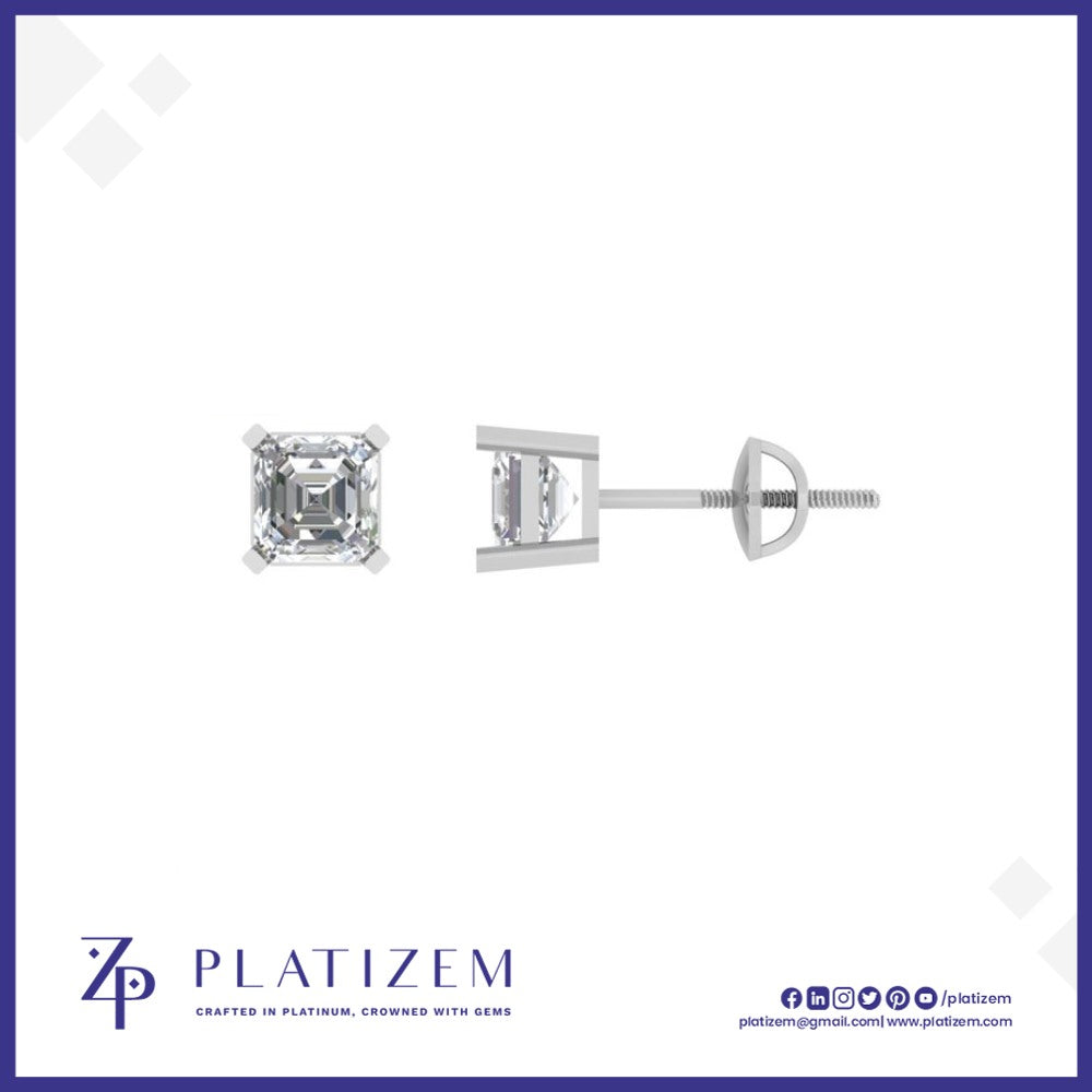 Asscher Cut Diamond Stud Earrings with Screw Back Closure