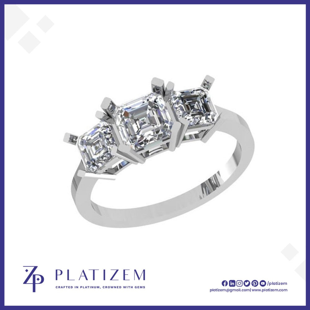 Three Stone Asscher Cut Diamond Ring with a Bold Center Stone Focus