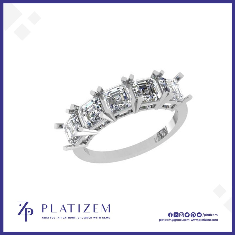 Five Square Asscher Cut Diamonds Set Together on a Wide Diamond Band