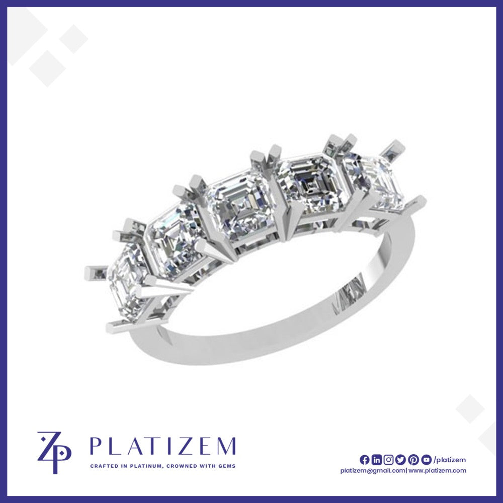 Five Square Asscher Cut Diamonds Set Along a Substantial Wide Band
