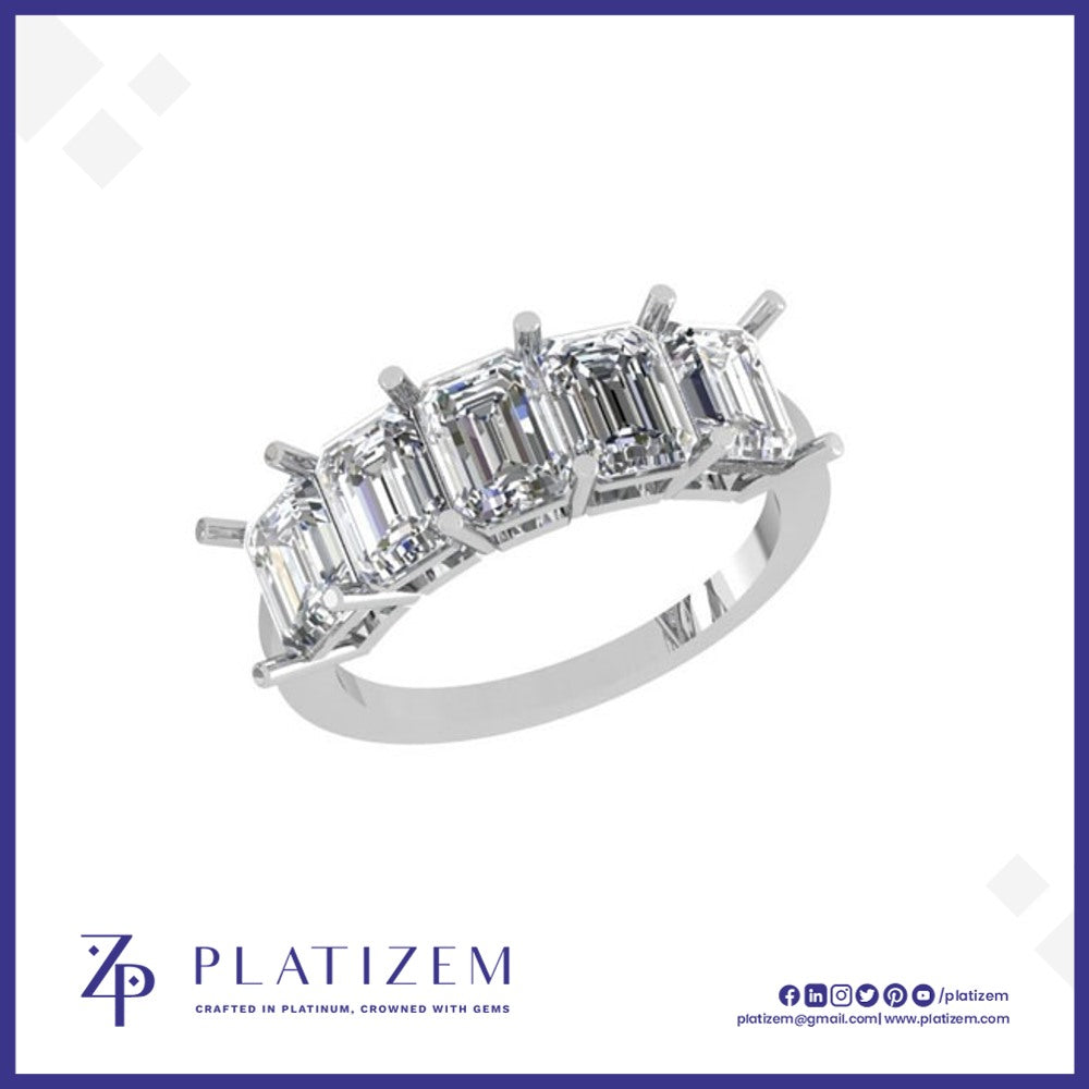 Five Large Emerald Cut Diamonds Set Together on a Sturdy Wide Band