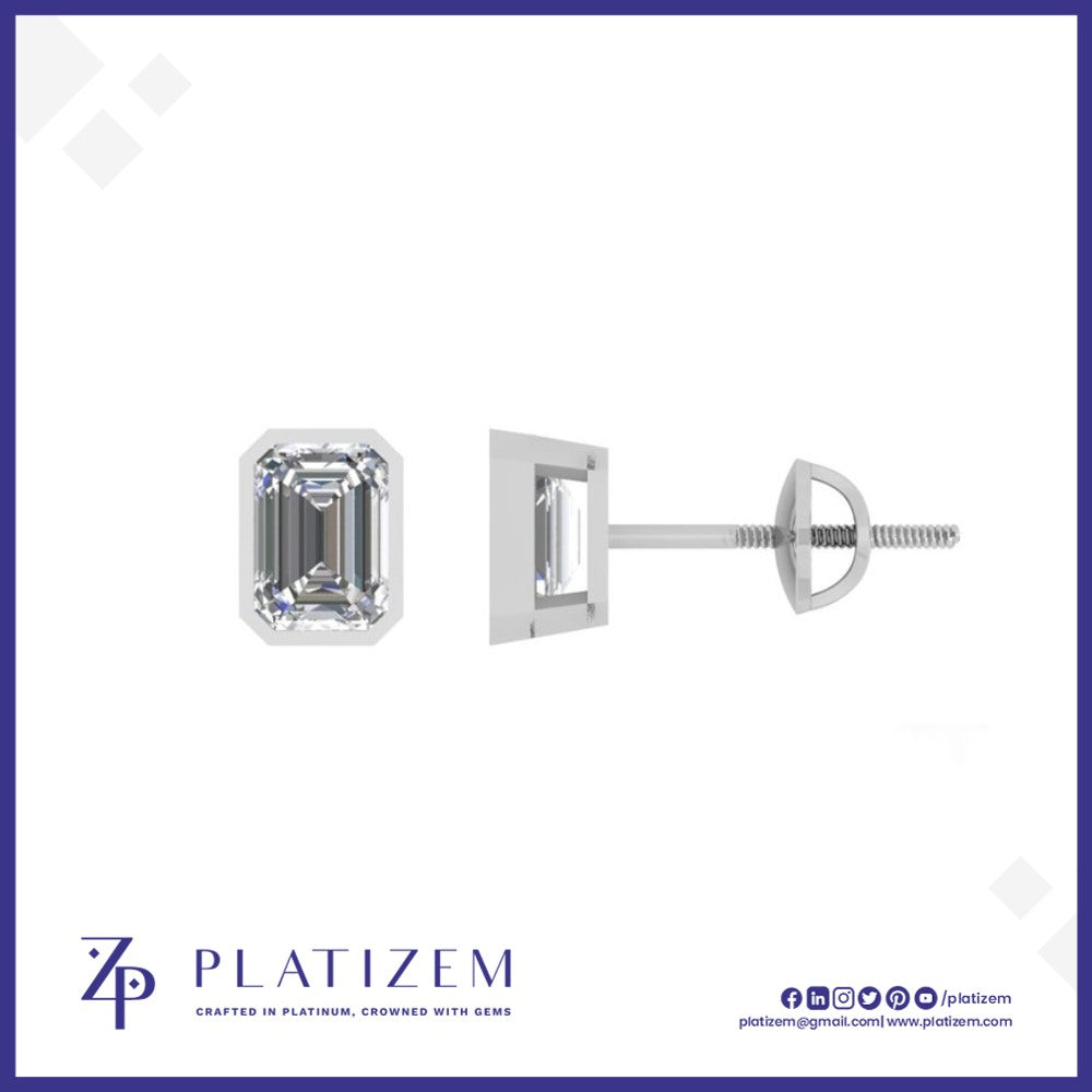 Emerald Cut Diamond Stud Earrings with Bezel Set Screw Backs