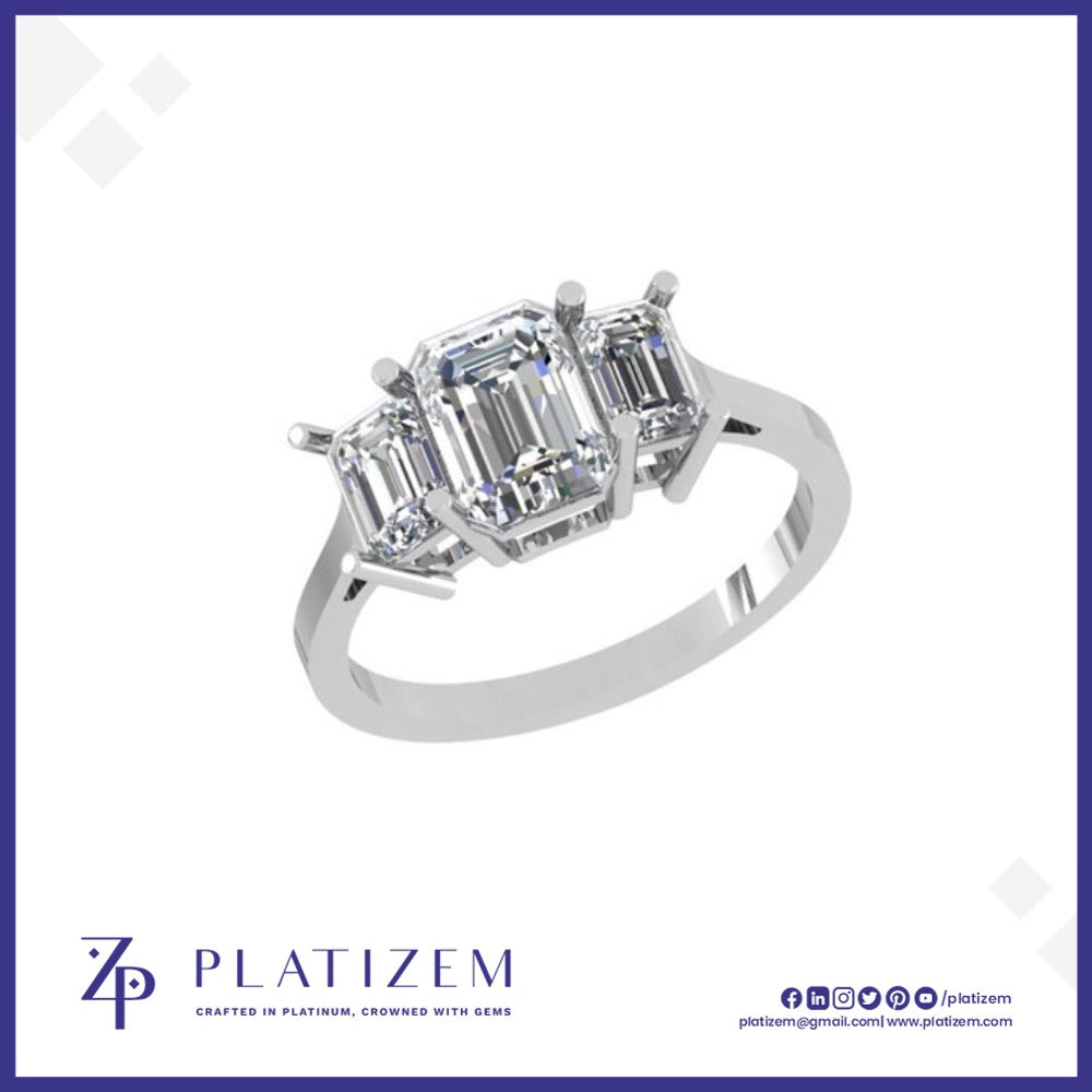 18kt Gold Three Stone Emerald Cut Diamond Engagement Ring for Women